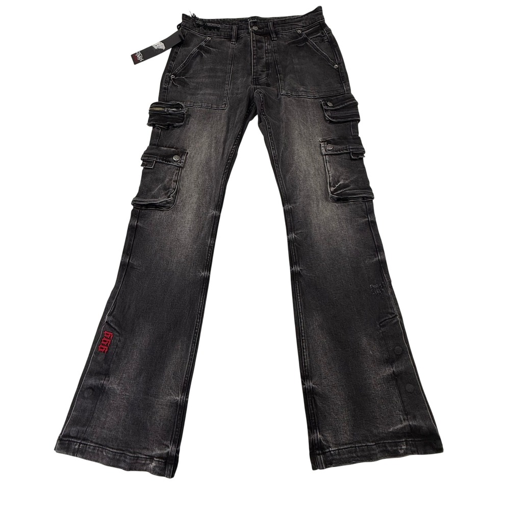 Ksubi 999 Bronko Cargo Jeans Black Flared Snap Hem Mens 31 MJW23DJ001 NEW